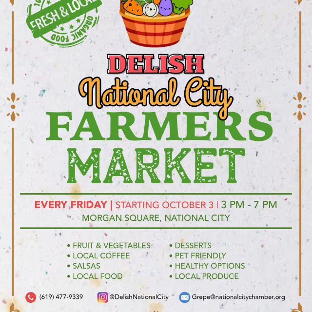 Support local produce, small businesses, and entrepreneurs at @delish_nationalcity Farmers Market, every Friday in National City! 🥦🥕🍅

Local produce | Salsas | Desserts | Coffee | Health Options | Mexican Food

⏰ Fridays, 3:00 PM - 7:00 PM
📍 Morgan Square | 901 National City Blvd, National City,  91950

#NationalCity #FarmersMarket #nationalcitychamber #DelishNationalCity