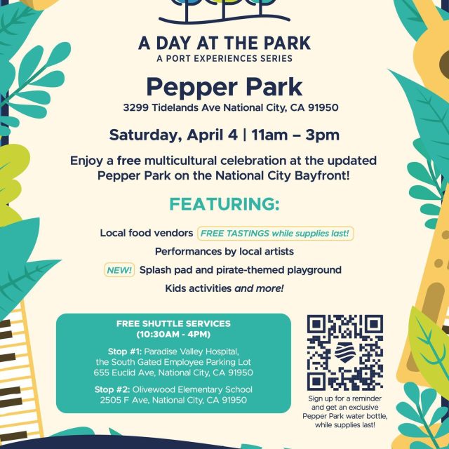 “A Day at the Park” will take place tomorrow from 11:00 am to 3:00 pm at Pepper Park on the National City Bayfront. 

This family-friendly celebration will feature the park’s new splash pad, a pirate-themed playground, performances by local artists, and a variety of activities for all ages!

#NationalCity #MileofCars @portofsandiego