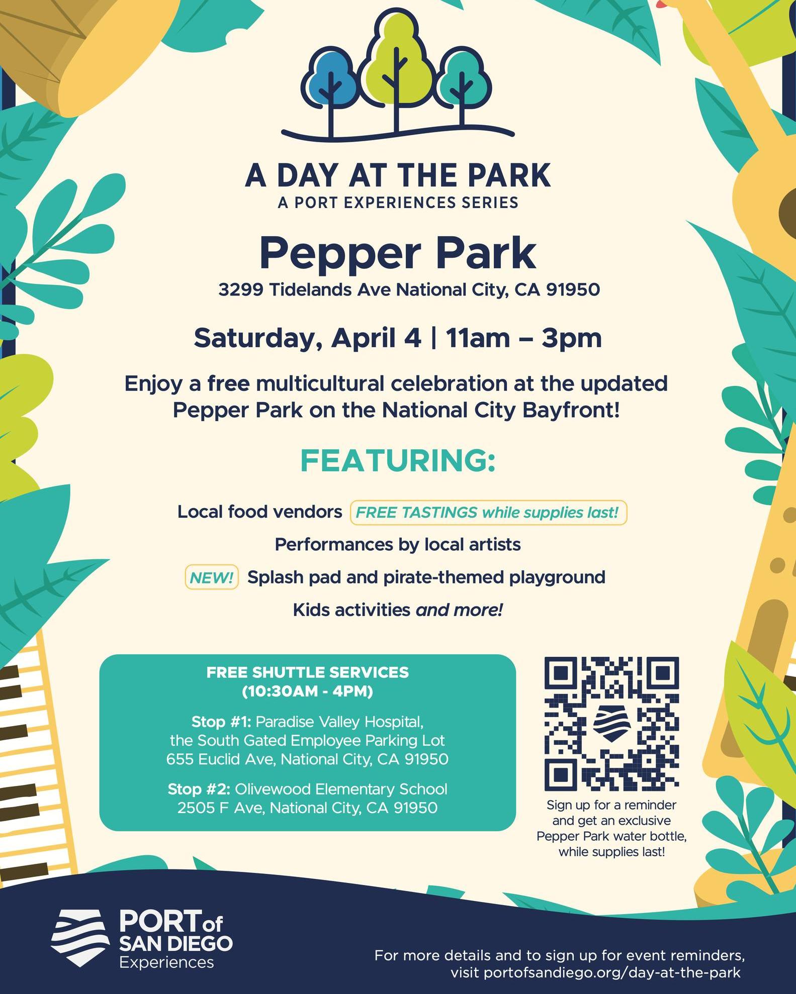“A Day at the Park” will take place tomorrow from 11:00 am to 3:00 pm at Pepper Park on the National City Bayfront. 

This family-friendly celebration will feature the park’s new splash pad, a pirate-themed playground, performances by local artists, and a variety of activities for all ages!

#NationalCity #MileofCars @portofsandiego