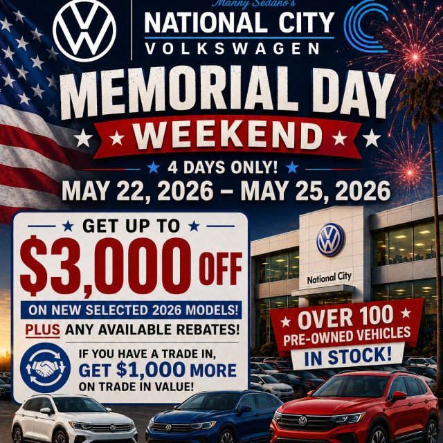 Join us Memorial Day Weekend at @nationalcityvw from May 22 – May 25, 2026!

🔥 Get up to $3,000 OFF on select new 2026 Volkswagen models
🔥 Plus any available rebates
🔥 Trade in your vehicle and get $1,000 MORE on your trade value
🔥 Over 100 pre-owned vehicles in stock!

🚗 Special Event: Wolfpack San Diego VW Car Club
📅 Sunday, May 24, 2026
⏰ 1PM – 3PM

🍕 Pizza & drinks for everyone Saturday and Sunday!!! 

Come check out amazing VWs, meet the club, and enjoy a great Memorial Day weekend with us here on The Mile.

#NationalCityVolkswagen #MileofCars #Volkswagen