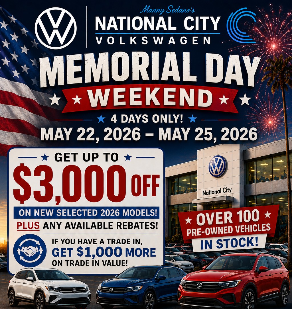 Join us Memorial Day Weekend at @nationalcityvw from May 22 – May 25, 2026!

🔥 Get up to $3,000 OFF on select new 2026 Volkswagen models
🔥 Plus any available rebates
🔥 Trade in your vehicle and get $1,000 MORE on your trade value
🔥 Over 100 pre-owned vehicles in stock!

🚗 Special Event: Wolfpack San Diego VW Car Club
📅 Sunday, May 24, 2026
⏰ 1PM – 3PM

🍕 Pizza & drinks for everyone Saturday and Sunday!!! 

Come check out amazing VWs, meet the club, and enjoy a great Memorial Day weekend with us here on The Mile.

#NationalCityVolkswagen #MileofCars #Volkswagen