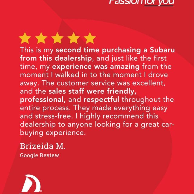 Thank you, Brizeida, for choosing @subarudalton for your second Subaru purchase and for sharing your wonderful 5-star experience! ⭐️⭐️⭐️⭐️⭐️

We're thrilled to hear our team made the entire process easy, stress-free, and enjoyable.

#DaltonDifference #SubaruSanDiego
