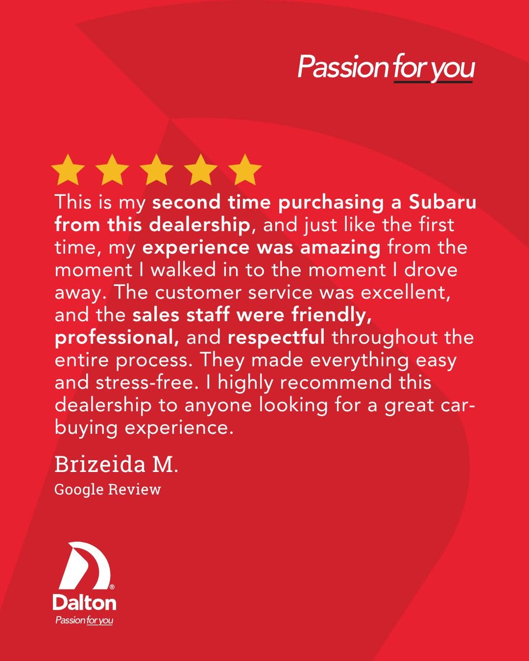 Thank you, Brizeida, for choosing @subarudalton for your second Subaru purchase and for sharing your wonderful 5-star experience! ⭐️⭐️⭐️⭐️⭐️

We're thrilled to hear our team made the entire process easy, stress-free, and enjoyable.

#DaltonDifference #SubaruSanDiego