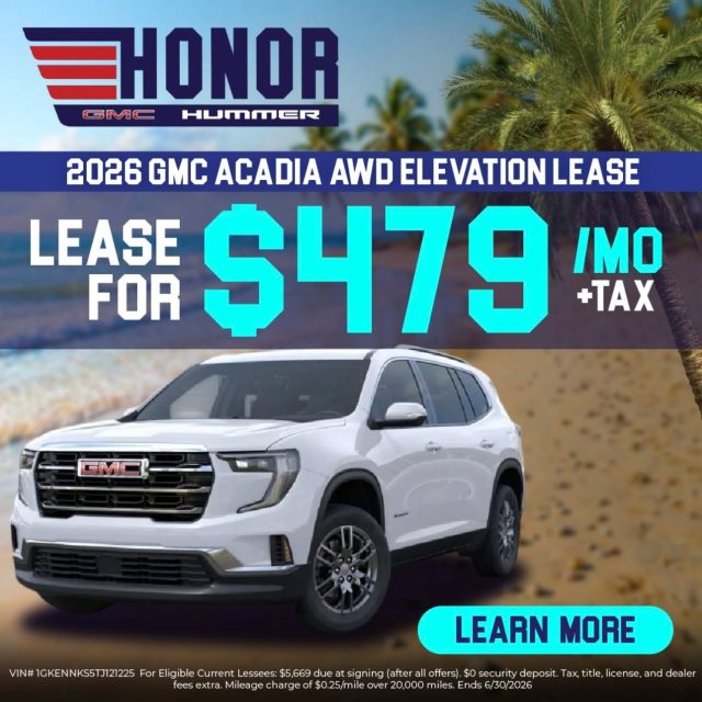 Elevate your daily drive in the 2026 GMC Acadia AWD Elevation! ✨

For a limited time, you can lease this stunning, tech-packed SUV for just $479/mo. 

Whether you're planning a weekend getaway or tackling the daily commute, the Acadia AWD is built to handle it all with style, spaciousness, and premium comfort. 🚙💨

Contact @honorgmc to schedule your test drive! 📲

#MileofCars #HonorGMC #2026acadiaelevation