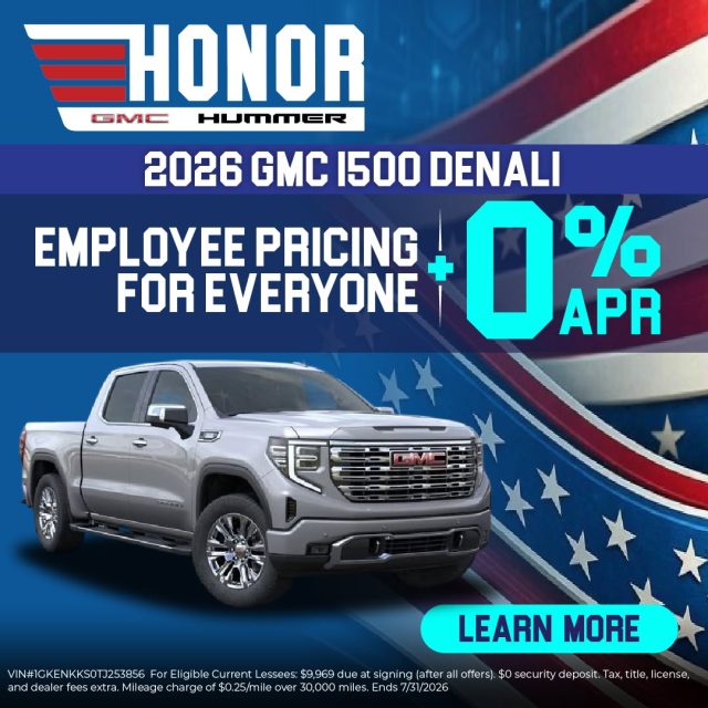 Big truck. Bigger savings. Drive home in a 2026 GMC Sierra 1500 Denali with Employee Pricing PLUS 0% APR! 🔥

Check out @honorgmc before this offer ends at the end of the month!

#HonorGMCHummer #GMCDenali #MileofCars