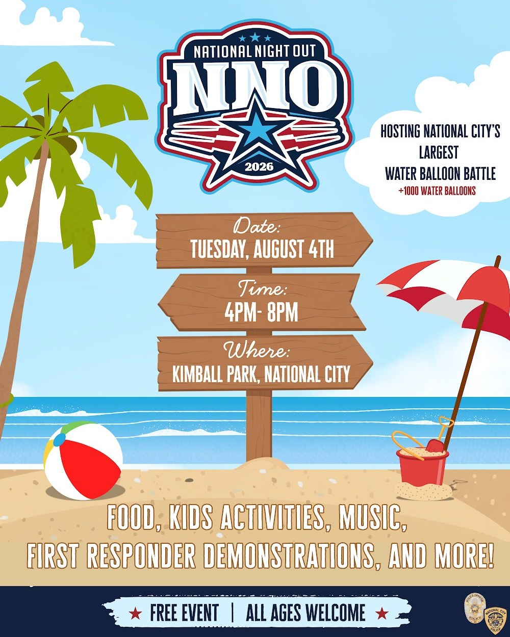 Join National Night Out for live performances, music, face-painting, a water balloon battle, giveaways, police and fire demonstrations, and free hot dogs! 🌭

🗓️ August 4 from 4 to 8 pm
📍 Kimball Park, National City

 Hope to see you there!

#NationalNightOut #MileofCars #NationalCity #FreeEvents