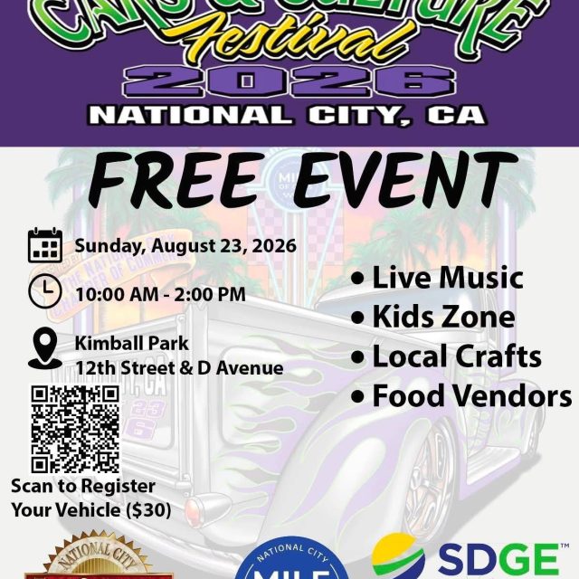 The @nationalcitychamber of Commerce and the @mileofcars present the inaugural National City Cars & Culture Festival! 🚘

Join us for this FREE event in Kimball Park on August 23, 10:00 AM to 2:00 PM. Cars & Culture 2026 will be filled with incredible vehicles, community, culture, and plenty to see and enjoy.

Have a vehicle you want to show off? Registration is open to all cars, trucks, race cars, and motorcycles, with a special emphasis on electric vehicles and electric fleets. Vehicle registrants who sign up by August 15 will receive an event T-shirt!

See you soon, National City! 🚙🚗🛻

#NationalCityEvents #CarsandCulture #MileofCars #KimballPark