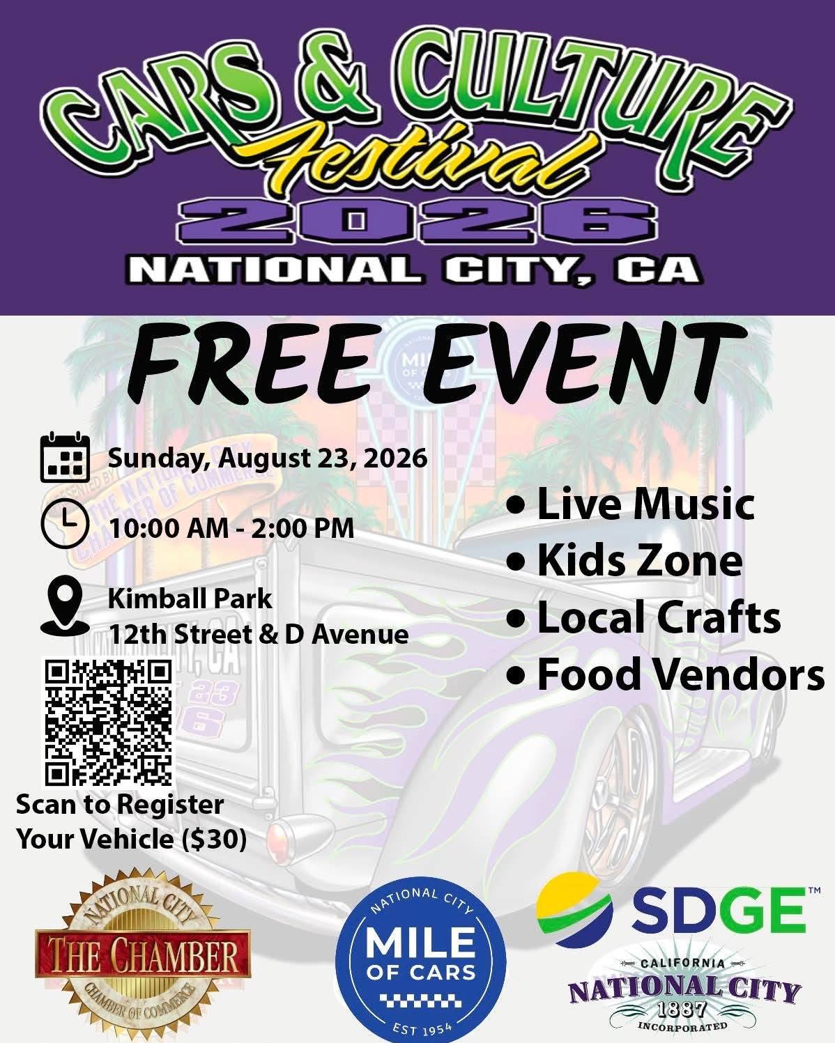 The @nationalcitychamber of Commerce and the @mileofcars present the inaugural National City Cars & Culture Festival! 🚘

Join us for this FREE event in Kimball Park on August 23, 10:00 AM to 2:00 PM. Cars & Culture 2026 will be filled with incredible vehicles, community, culture, and plenty to see and enjoy.

Have a vehicle you want to show off? Registration is open to all cars, trucks, race cars, and motorcycles, with a special emphasis on electric vehicles and electric fleets. Vehicle registrants who sign up by August 15 will receive an event T-shirt!

See you soon, National City! 🚙🚗🛻

#NationalCityEvents #CarsandCulture #MileofCars #KimballPark