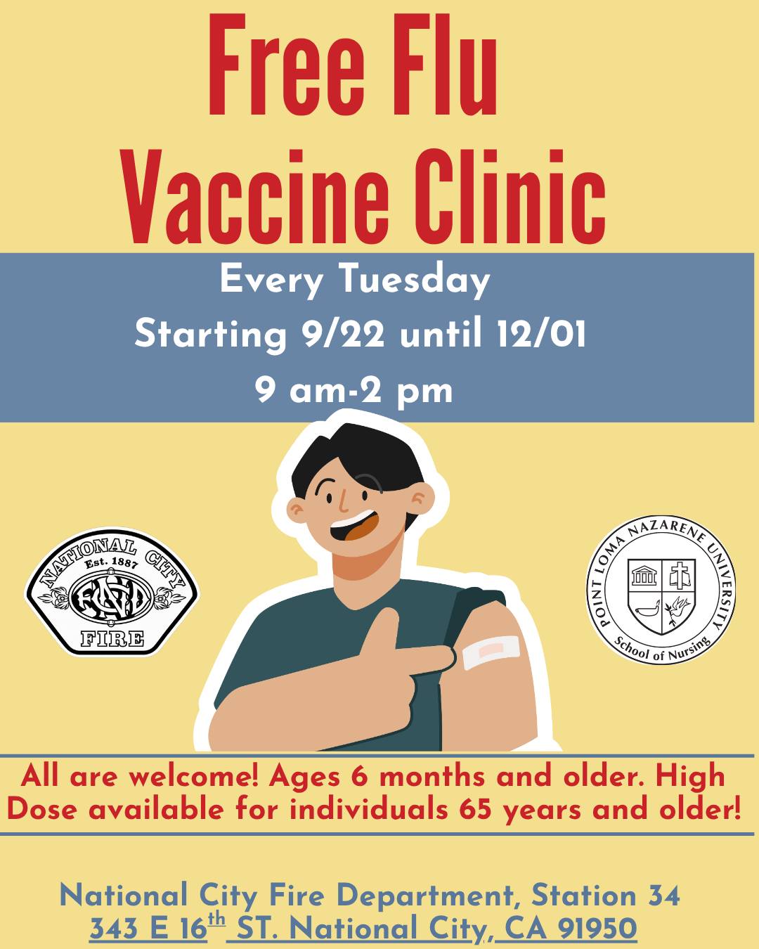 Free flu vaccines are here! 🩹💉

Every Tuesday until December 1, visit National City's Fire Station 34 between 9 am and 2 pm for your vaccine. 

#nationalcityfiredepartment #mileofcars #nationalcity #freefluvaccine