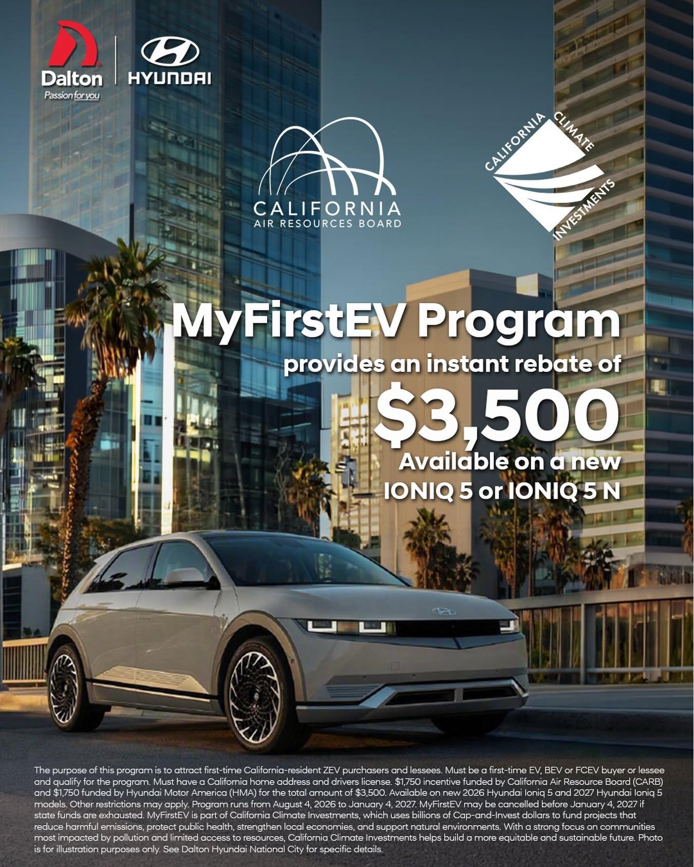 ⚡ Thinking about making your first EV an IONIQ 5?

The MyFirstEV Program provides qualified first-time EV buyers with a $3,500 instant rebate on eligible new Hyundai IONIQ 5 and IONIQ 5 N models. That’s $3,500 in instant savings toward going electric. 🔋

Funding is limited, so visit @hyundai.dalton to learn more and see if you qualify.

*Program eligibility, vehicle eligibility and restrictions apply. Funding is limited and incentives are not guaranteed. See Dalton Hyundai National City for complete details.

#DaltonHyundai  #IONIQ5 #HyundaiEV #MileofCars #electricvehicles